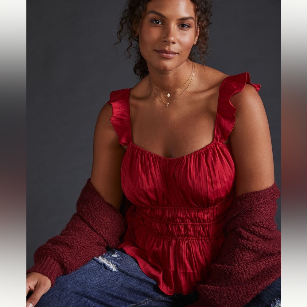 Anthropologie red satin tiered ruffle tank 3x